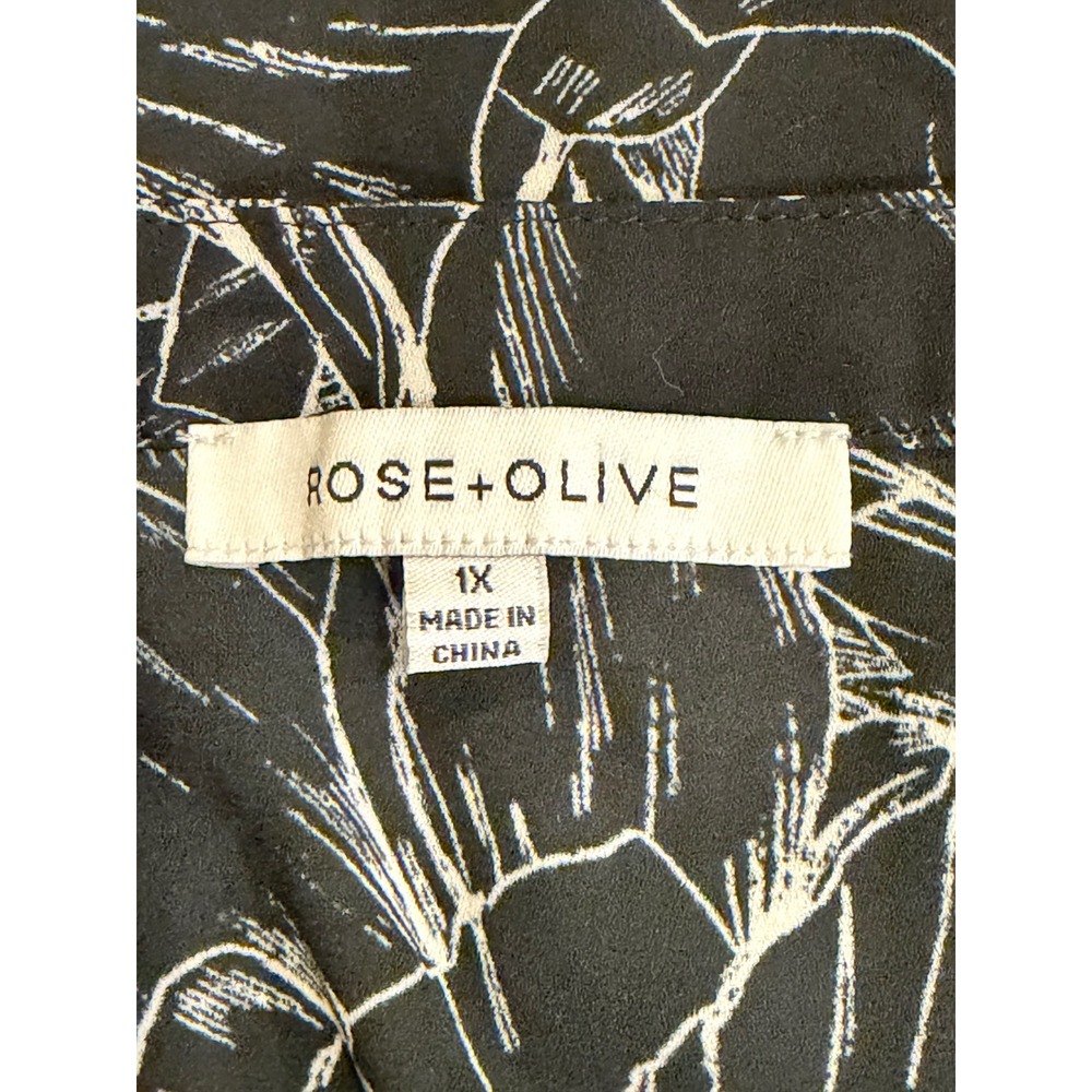 Rose + Olive Black Floral -Neck Blouse Plus 1X Short Sleeve Top Office Work - Picture 3 of 7